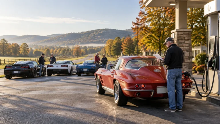A group of Corvette sports cars stops at a rural gas station on a sunny autumn morning, while a man fuels a red vintage Corvette and reads a paper beside the pump.