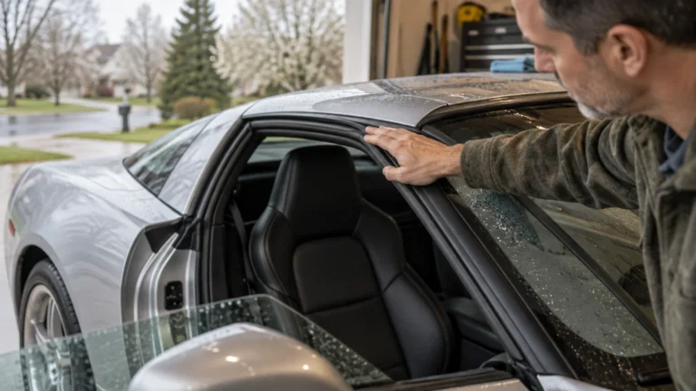 A man in a garage runs his hand along the black roof-and-door weatherstrip of a silver sports car with the window down, while rain falls outside.