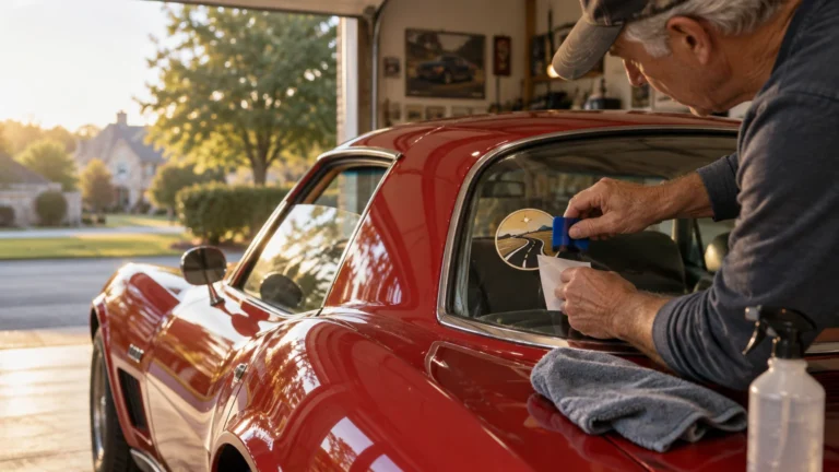 A man uses a blue squeegee to apply a round scenic road decal to the rear window of a red classic sports car in an open garage at sunset.