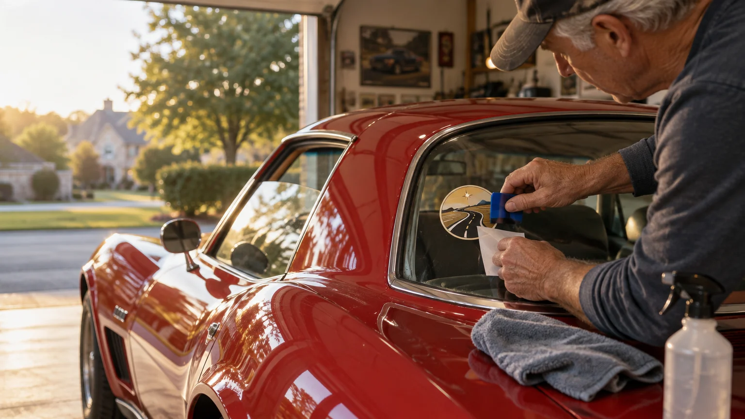 A man uses a blue squeegee to apply a round scenic road decal to the rear window of a red classic sports car in an open garage at sunset.