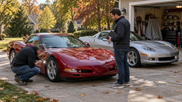 Two men inspect a red Corvette in a suburban driveway while a silver Corvette sits beside an open garage on an autumn day.