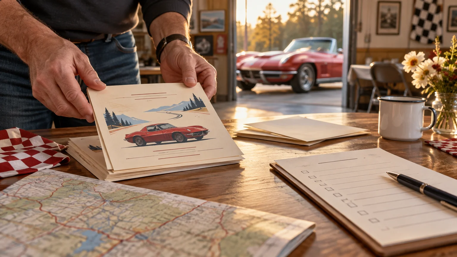 A person holds a stack of illustrated car-event invitations over a wooden table with a road map, checklist, pen, coffee mug, flowers, and a red vintage sports car in an open garage behind them.