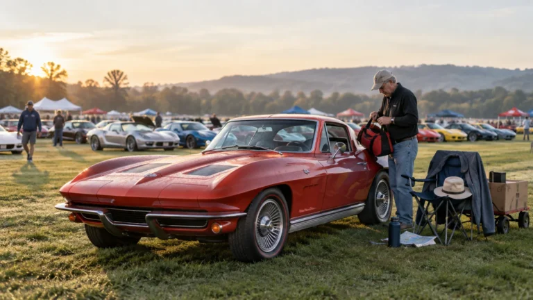 Red classic Corvette-style sports car parked on grass at sunrise among rows of colorful sports cars, while a man packs a bag beside a folding chair, hat, jacket and small wagon.