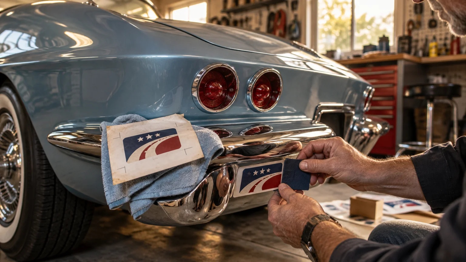 A person in a garage positions a small red, white, and blue star-and-stripe decal on the chrome rear bumper of a light blue vintage car, with an aged printed design reference resting on a cloth nearby.