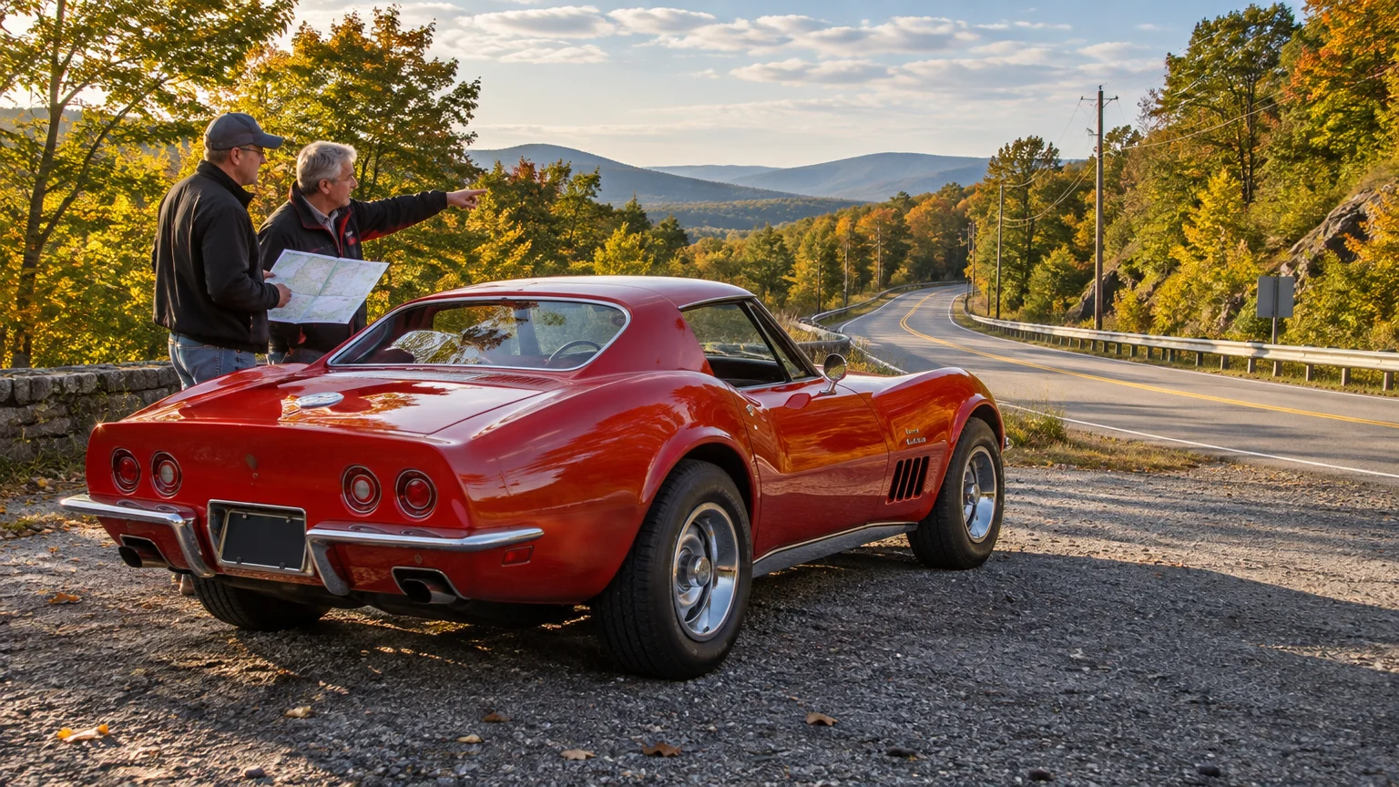 A red classic Corvette parked at a scenic roadside overlook while two men consult a paper map and point toward a winding mountain road framed by autumn trees.