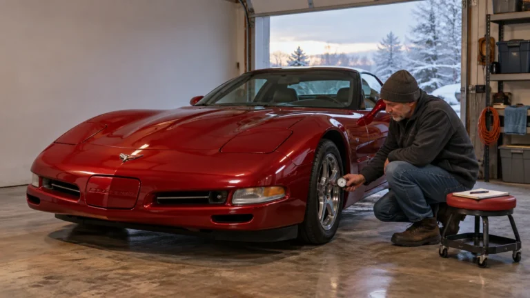 Person checking the front tire pressure on a red Corvette in an open garage, with snow visible outside.