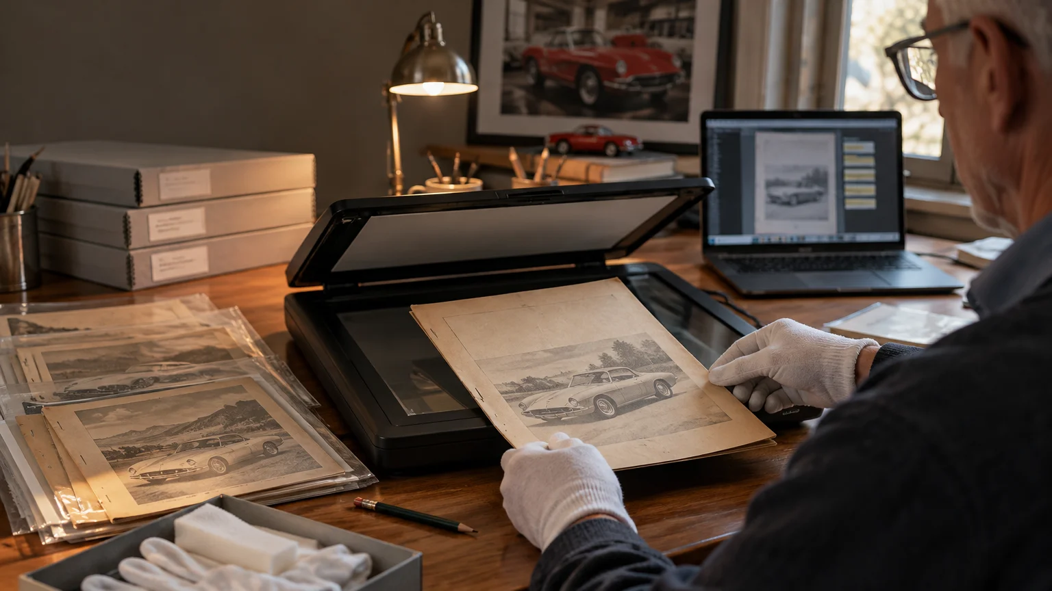 Gloved person scans an aged illustrated newsletter page beside archival boxes, sleeved papers, and a laptop at a warmly lit desk.